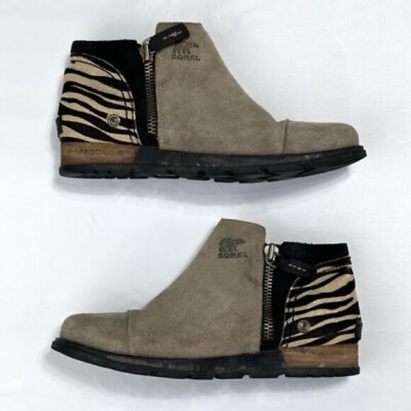 Sorel | Women's Tan Major Suede Zebra Print Ankle Zip Booties | 8 - Picture 2 of 4